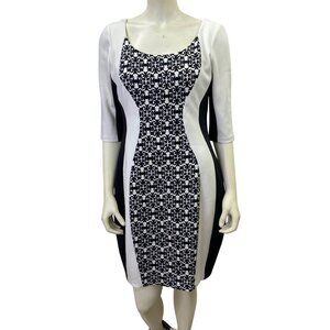 Sangria Black & White Floral Print Bodycon Dress With 3/4 Sleeves‎ 12 Petite